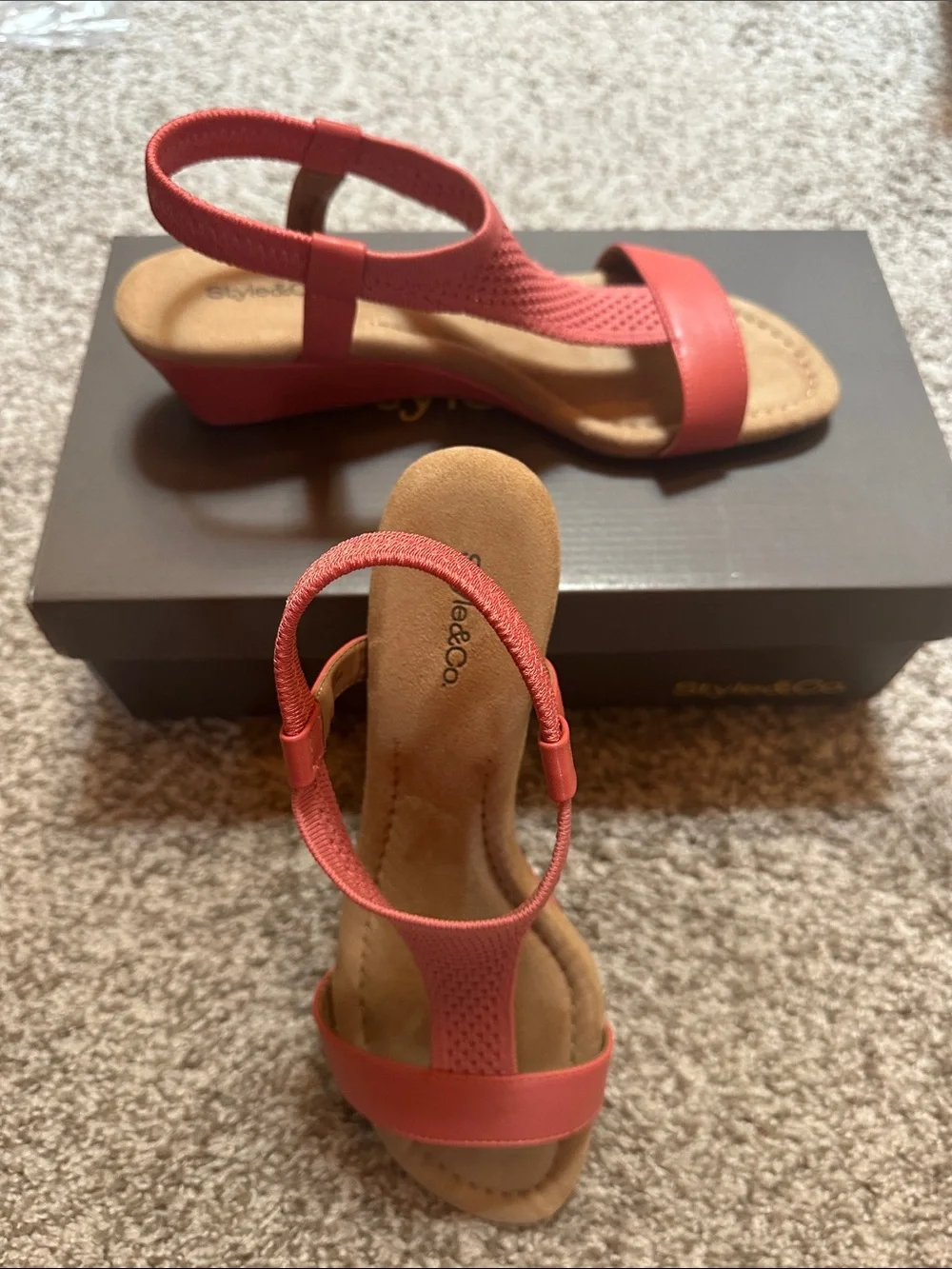 Style & Co. Coral/Tan Elastic Strap Wedge Sandals